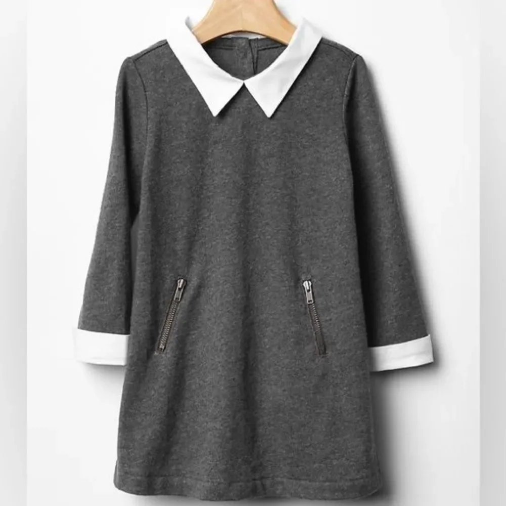 Baby Gap Girls Kids Peter Pan Collar Zip Pockets Long Sleeve Gray Dress. 4. 4T.